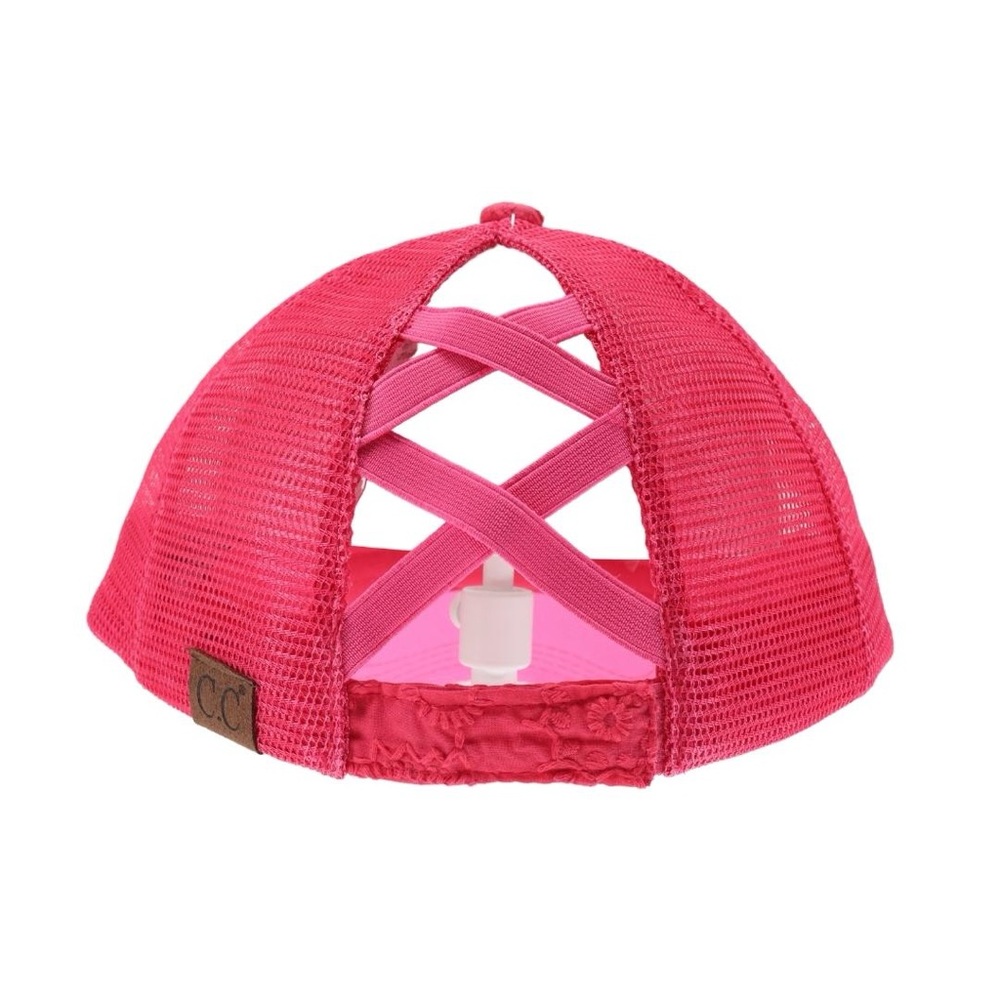 C.C. Beanie criss cross cap pony tails. Adjustable Velcro strap, embellishments